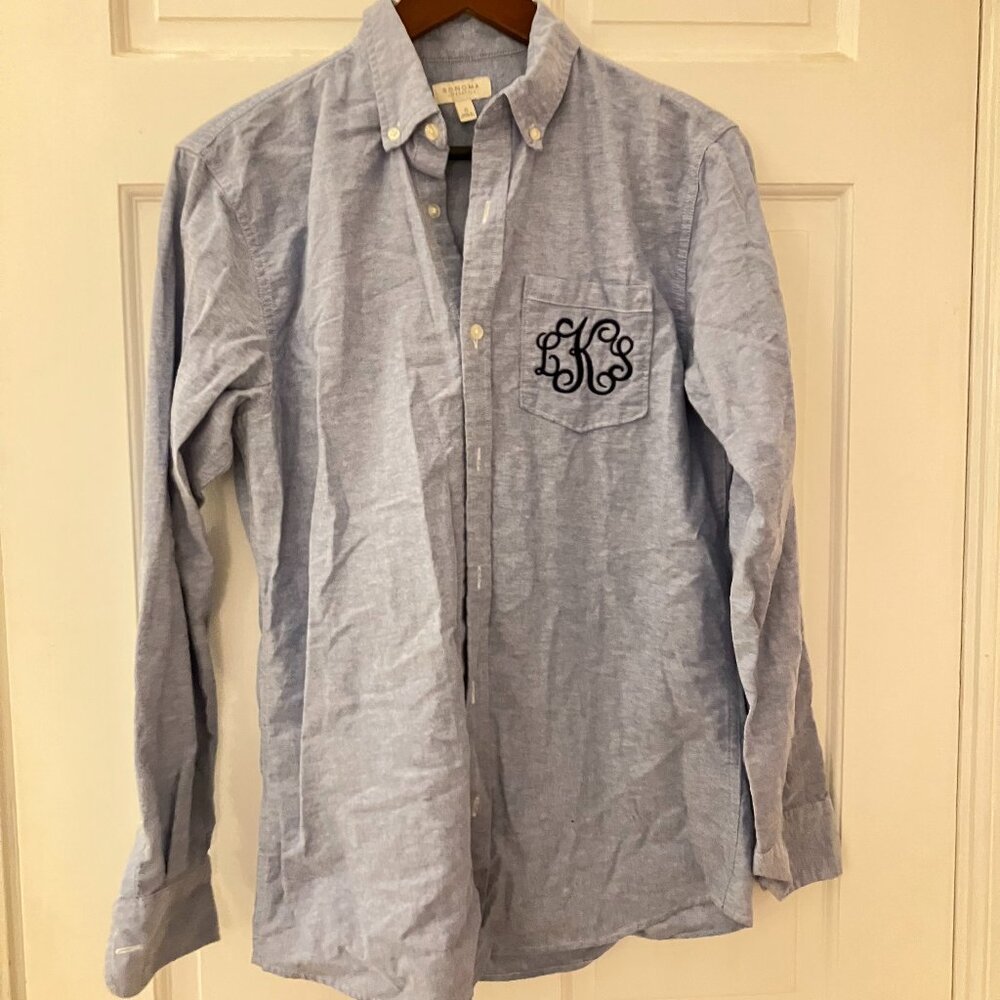 Blue Chambray Monogrammed Button Down Top - LKS - Size S